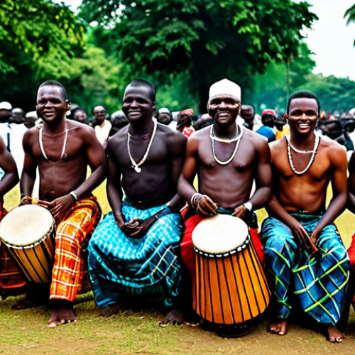 Home 18 **
"A group of Ivorian musicians, fully clothed in colorful traditional attire, playing djembes at a lively cultural festival. The scene is vibrant with dancers and onlookers, capturing the energy of a celebration in Côte d'Ivoire. Safe for work, appropriate content, professional photography, perfect anatomy, natural proportions, family-friendly."
**