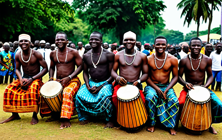 **
"A group of Ivorian musicians, fully clothed in colorful traditional attire, playing djembes at a lively cultural festival. The scene is vibrant with dancers and onlookers, capturing the energy of a celebration in Côte d'Ivoire. Safe for work, appropriate content, professional photography, perfect anatomy, natural proportions, family-friendly."
**