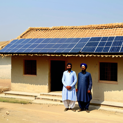 Home 17 Solar Power in Rural Punjab**
"A vibrant, sunny scene in a rural Punjabi village, Pakistan. A family, fully clothed in traditional shalwar kameez, stands proudly in front of their home. Solar panels are installed on the roof, providing clean energy. Safe for work, appropriate content, professional photography, family-friendly, perfect anatomy, natural proportions, high resolution."
**