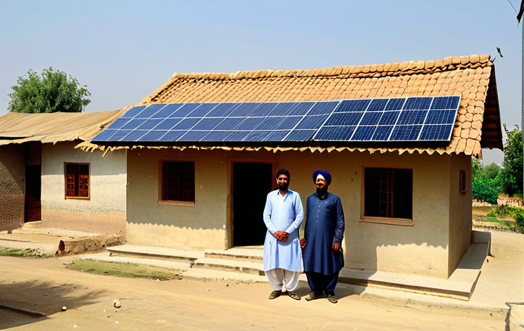 Solar Power in Rural Punjab**
"A vibrant, sunny scene in a rural Punjabi village, Pakistan. A family, fully clothed in traditional shalwar kameez, stands proudly in front of their home. Solar panels are installed on the roof, providing clean energy. Safe for work, appropriate content, professional photography, family-friendly, perfect anatomy, natural proportions, high resolution."
**