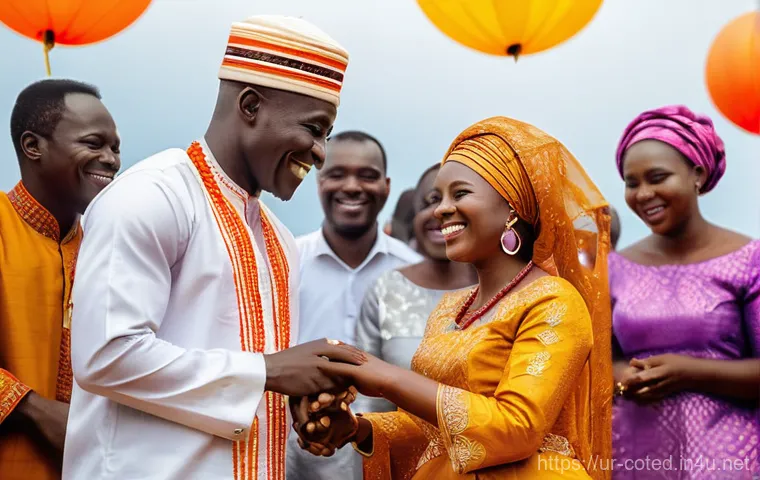 코트디부아르 결혼 풍습 - **Ivorian Engagement Ceremony:** A vibrant and joyful engagement ceremony scene in Ivory Coast. A yo...