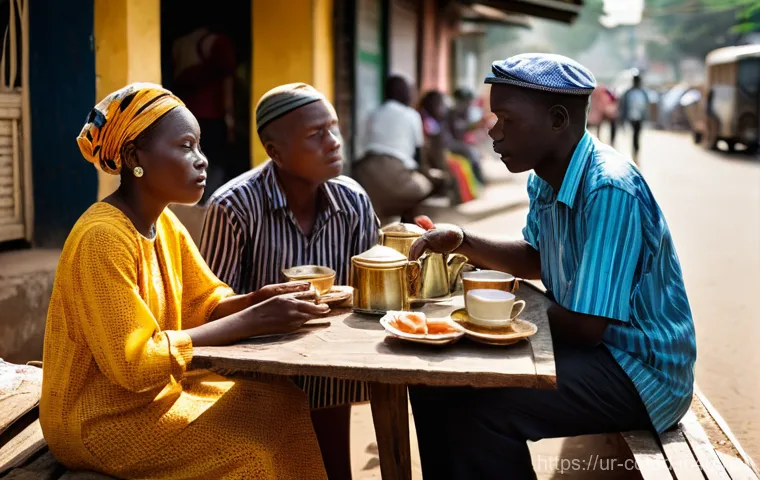 코트디부아르 정치 상황 - **Prompt:** A bustling yet subtly tense street scene in Abidjan, Ivory Coast. The golden hour light ...