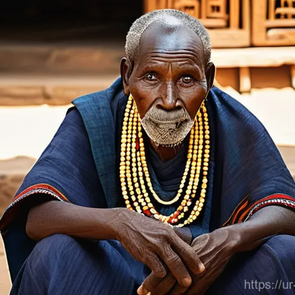코트디부아르 바울레족 전통 - **Prompt: "A dignified Baule tribal elder, mid-shot, seated in a traditional village setting, surrou...