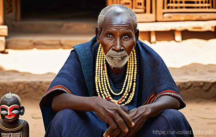 코트디부아르 바울레족 전통 - **Prompt: "A dignified Baule tribal elder, mid-shot, seated in a traditional village setting, surrou...