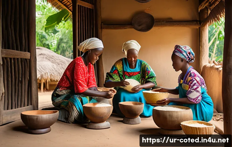 코트디부아르 푸푸 만드는 법 - A vibrant traditional African kitchen scene showing a family preparing fufu with ripe plantain and c...