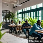Home 22 코트디부아르 노마드족을 위한 도시 추천 - A vibrant urban scene of Abidjan, Ivory Coast, showcasing a modern coworking cafe filled with divers...