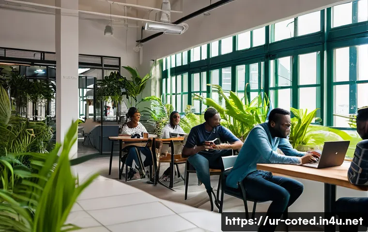 코트디부아르 노마드족을 위한 도시 추천 - A vibrant urban scene of Abidjan, Ivory Coast, showcasing a modern coworking cafe filled with divers...
