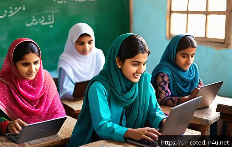 코트디부아르 노동 시장 현황 - A vibrant digital classroom scene in a rural Pakistani village, showing young Urdu-speaking men and ...