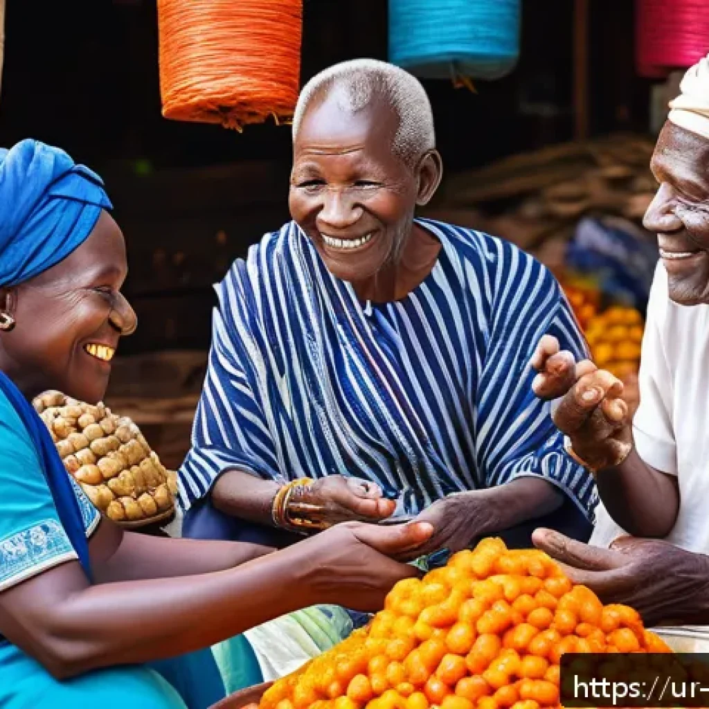 코트디부아르 현지인과 소통하는 법 - A vibrant street market scene in Côte d'Ivoire featuring a diverse group of people engaging warmly, ...