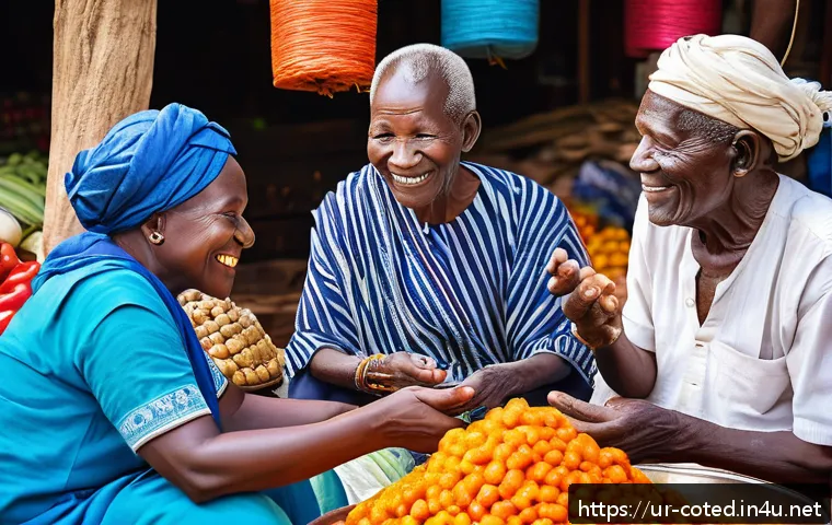 코트디부아르 현지인과 소통하는 법 - A vibrant street market scene in Côte d'Ivoire featuring a diverse group of people engaging warmly, ...