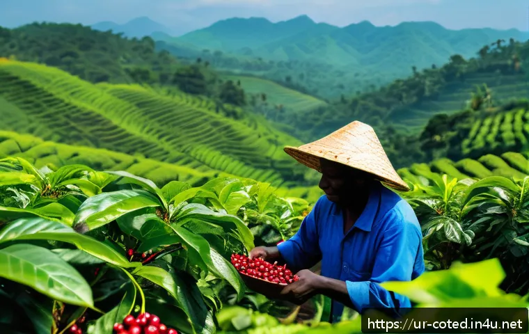 코트디부아르 주요 수출품목 - A vibrant coffee plantation scene in Côte d’Ivoire featuring Arabica coffee plants laden with ripe r...