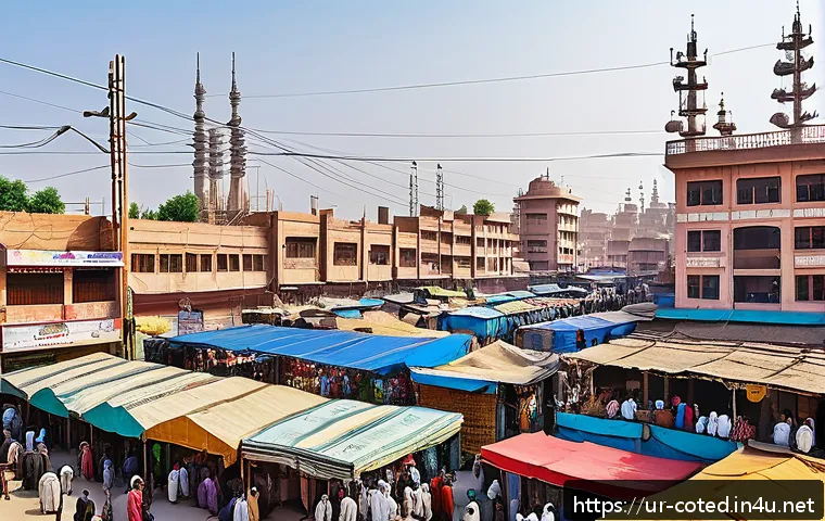 코트디부아르 인터넷 속도와 SIM카드 - A detailed urban scene of Kot Diwar city center showing strong 4G network signals with multiple mobi...