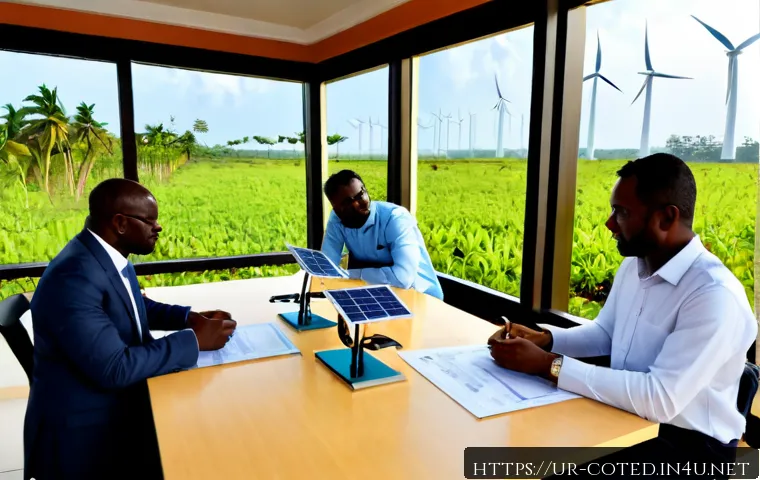 Home 17 코트디부아르 신재생 에너지 정책 - Photorealistic wide-angle view of a modern renewable energy planning meeting in Abidjan, Côte d’Ivoi...